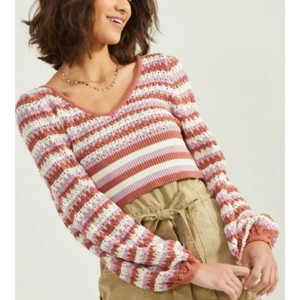 Altar'd State sz L womens pink striped crochet knit balloon sleeve blouse top